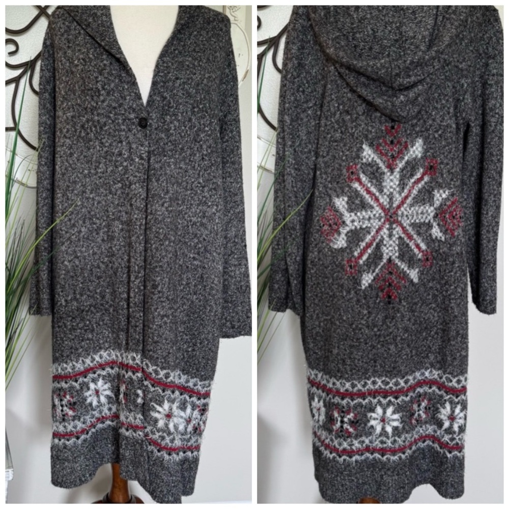 STYLE & CO Size XL Beautiful Hooded Cardigan Duster Sweater - Snowflake Design
